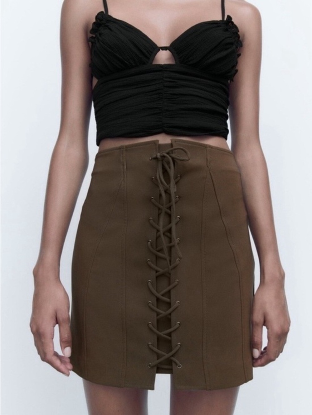 Zara Khaki Lace-Up Mini Skirt
